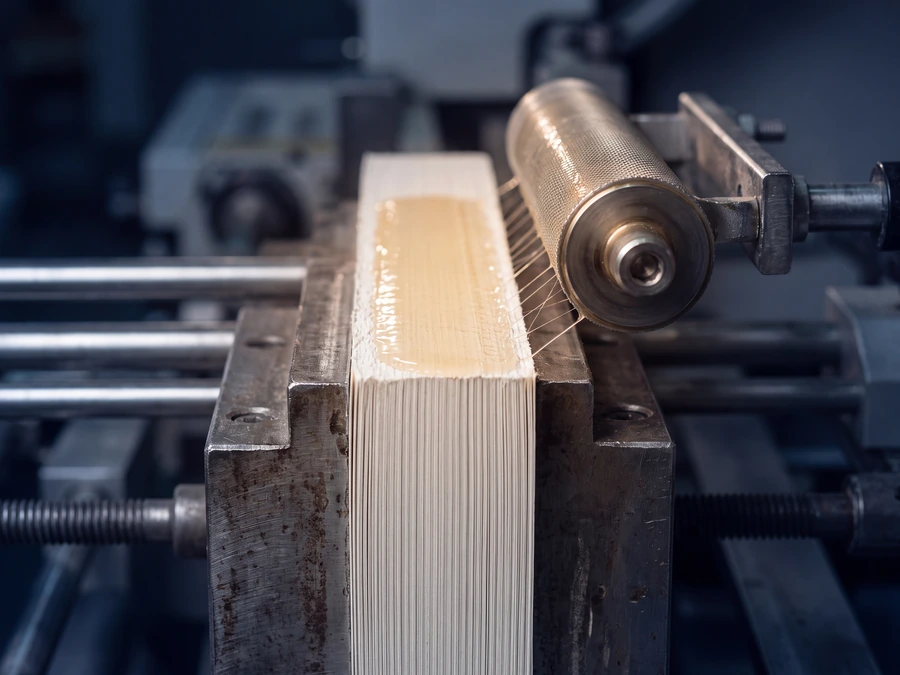 Close-up of a perfect binding operation applying adhesive to a book spine