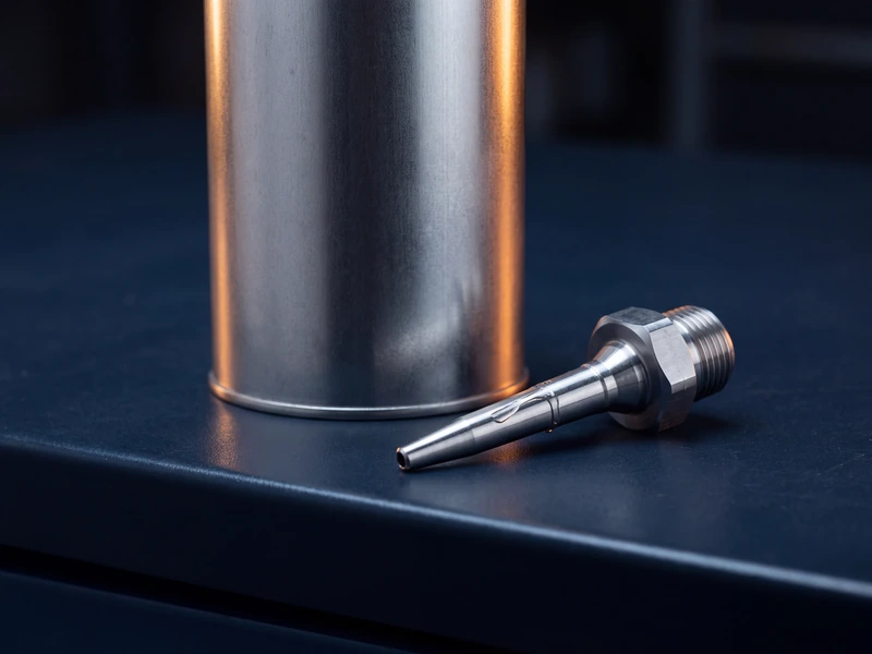 Unlabelled metal canister and a stainless adhesive applicator nozzle on a workbench
